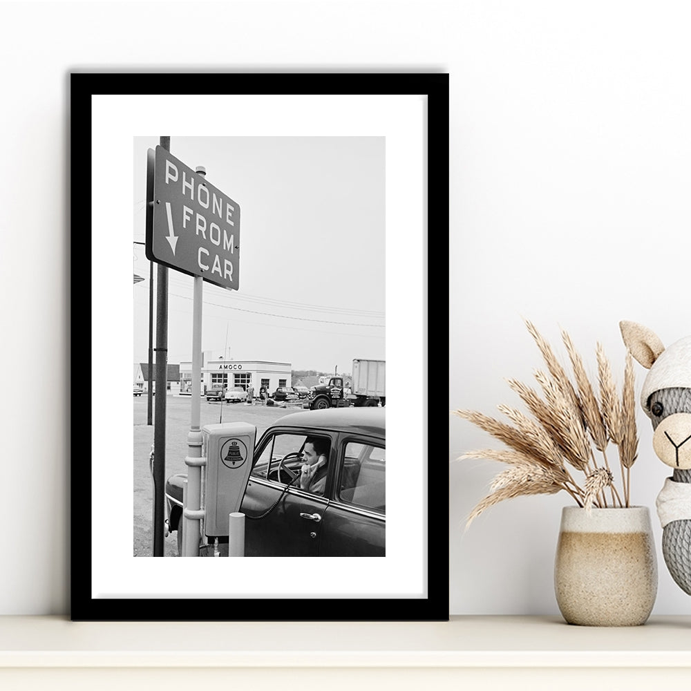 1950s Drive-In Telephone Black and White Art Vintage Car Print, Framed Art Print White Border Wall Decor