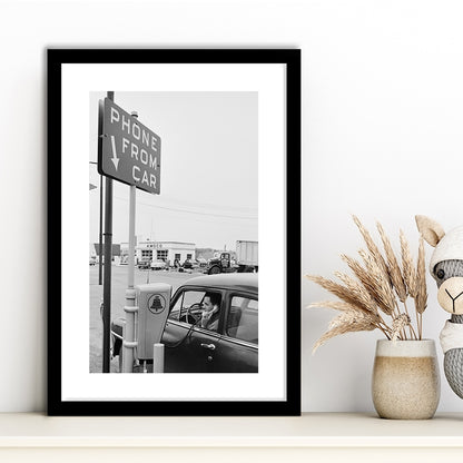 1950s Drive-In Telephone Black and White Art Vintage Car Print, Framed Art Print White Border Wall Decor