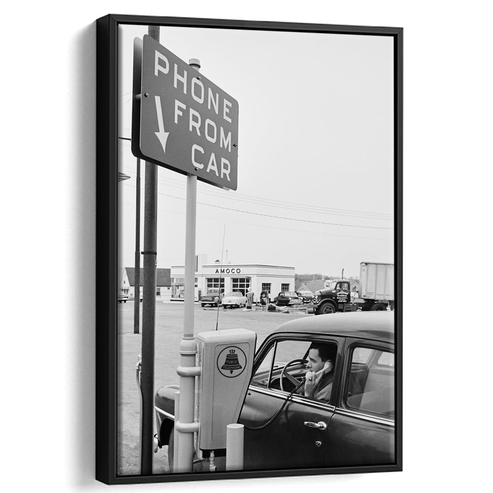 1950s Drive-In Telephone Black and White Art Vintage Car Print, Floating Framed Canvas Print