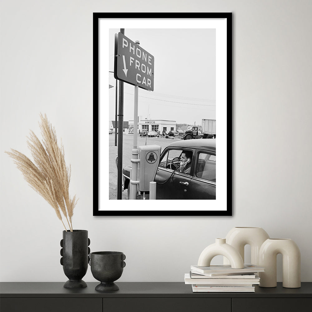 1950s Drive-In Telephone Black and White Art Vintage Car Print, Framed Art Print White Border Wall Decor