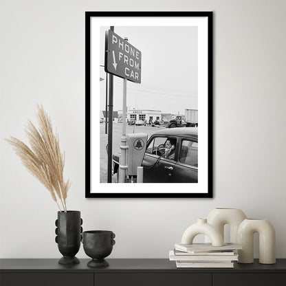1950s Drive-In Telephone Black and White Art Vintage Car Print, Framed Art Print White Border Wall Decor