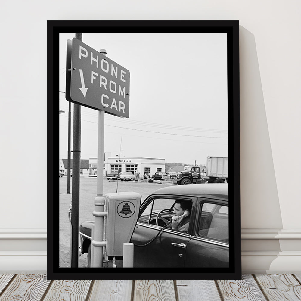 1950s Drive-In Telephone Black and White Art Vintage Car Print, Floating Framed Canvas Print