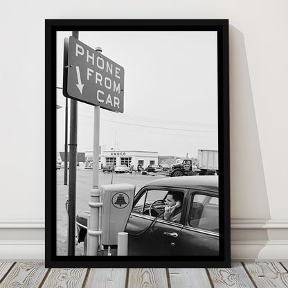 1950s Drive-In Telephone Black and White Art Vintage Car Print, Floating Framed Canvas Print
