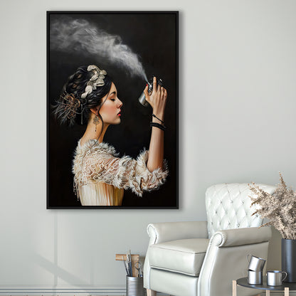 Stinky Bathroom Art Print Vintage Woman Funny Toilet Humor Amusing, Framed Canvas Print Wall Art, Floating Frame