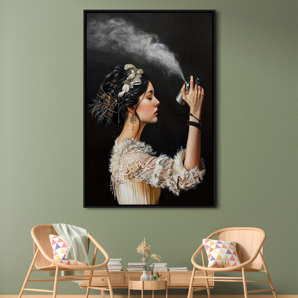 Stinky Bathroom Art Print Vintage Woman Funny Toilet Humor Amusing, Framed Canvas Print Wall Art, Floating Frame