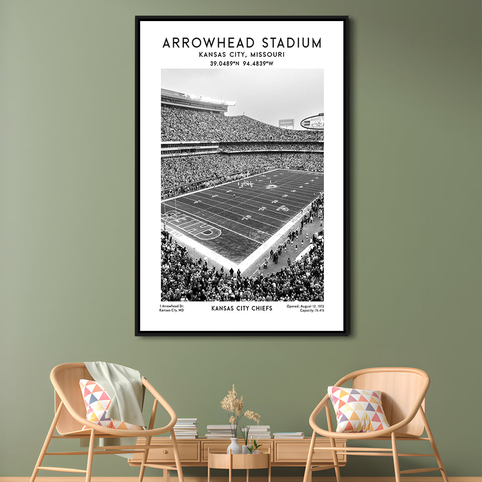 Arrowhead Stadium Black And White, Kansas City, American Wall Art, Framed Canvas Prints Wall Art