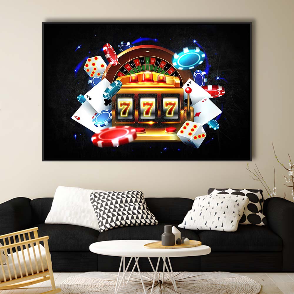 777 Casino Art Print,Poker Art, Framed Canvas Print Wall Art Decor, Floating Frame, Neon Effect Art