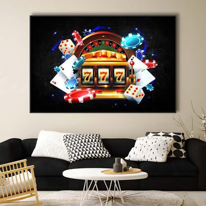 777 Casino Art Print,Poker Art, Framed Canvas Print Wall Art Decor, Floating Frame, Neon Effect Art
