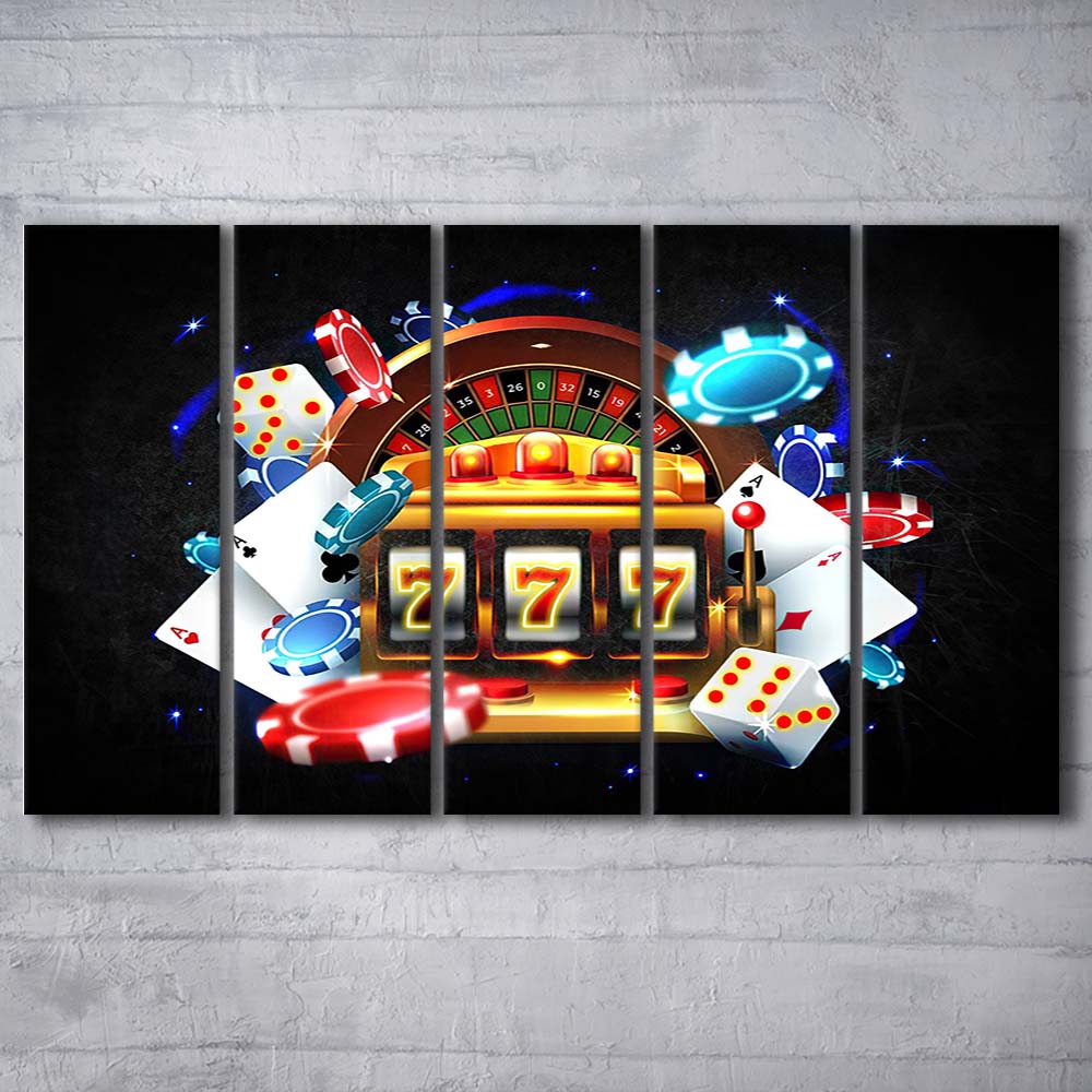 777 Casino Art Print,Poker Art, Extra Large 5 Panels Multi Canvas Print Wall Art, Home Decor