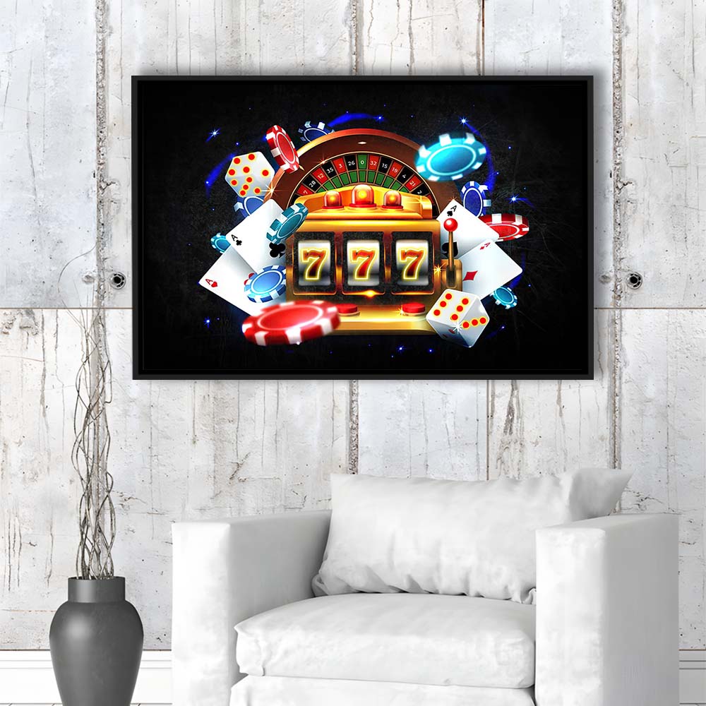 777 Casino Art Print,Poker Art, Framed Canvas Print Wall Art Decor, Floating Frame, Neon Effect Art