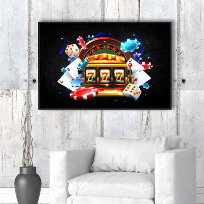 777 Casino Art Print,Poker Art, Framed Canvas Print Wall Art Decor, Floating Frame, Neon Effect Art