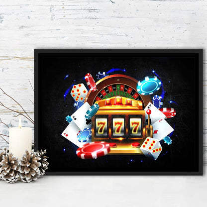 777 Casino Art Print,Poker Art, Framed Canvas Print Wall Art Decor, Floating Frame, Neon Effect Art