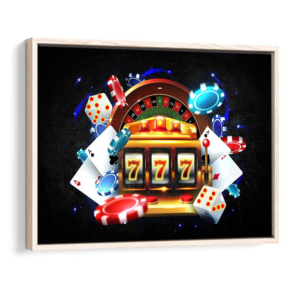 777 Casino Art Print,Poker Art, Framed Canvas Print Wall Art Decor, Floating Frame, Neon Effect Art