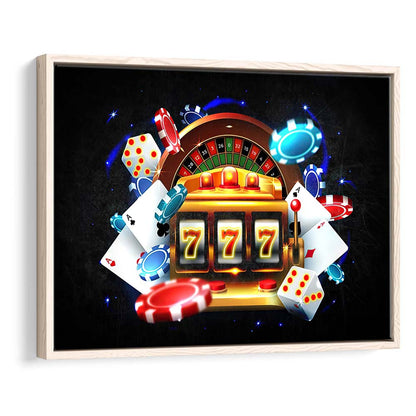 777 Casino Art Print,Poker Art, Framed Canvas Print Wall Art Decor, Floating Frame, Neon Effect Art