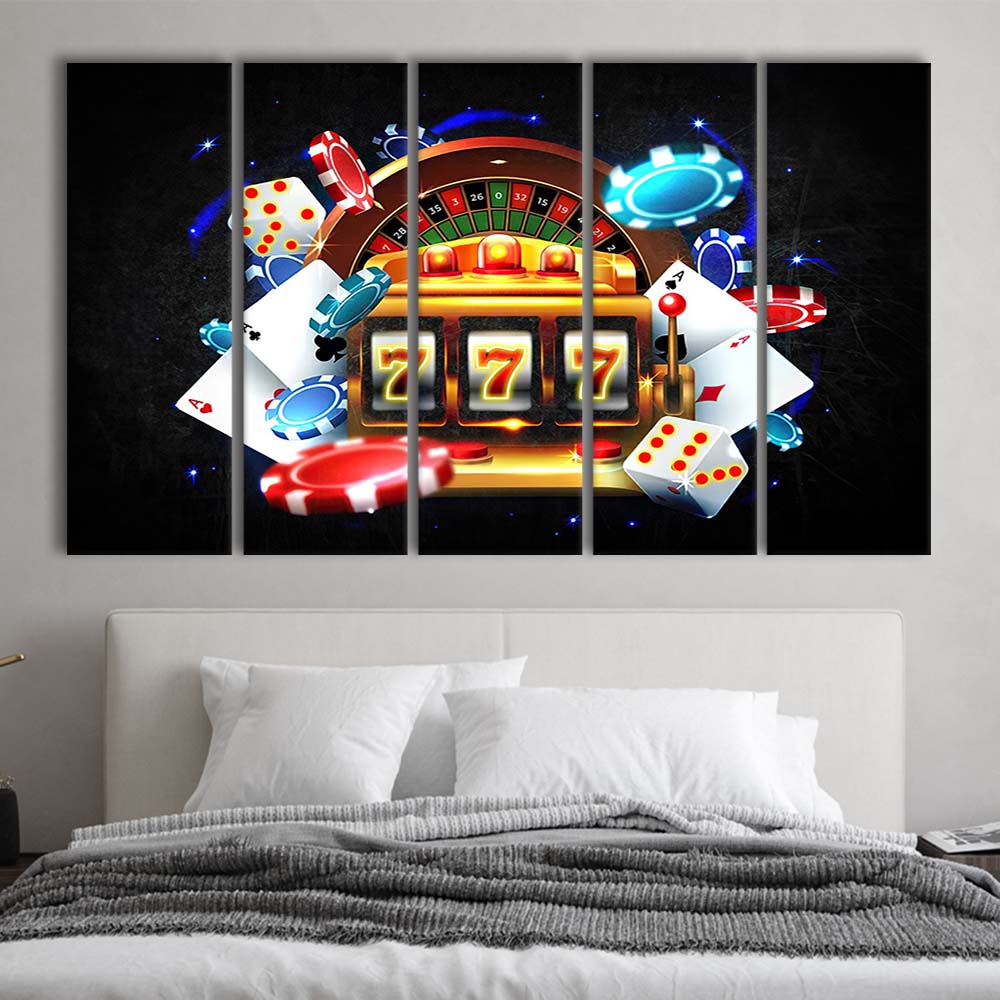 777 Casino Art Print,Poker Art, Extra Large 5 Panels Multi Canvas Print Wall Art, Home Decor