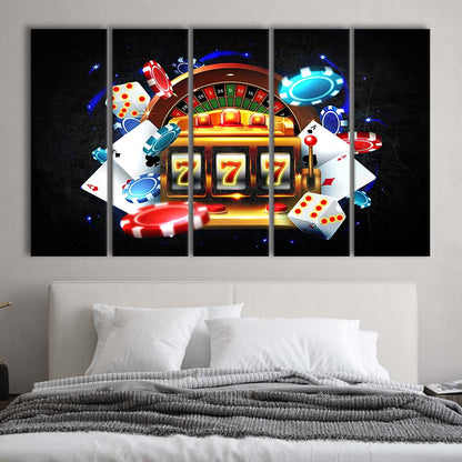 777 Casino Art Print,Poker Art, Extra Large 5 Panels Multi Canvas Print Wall Art, Home Decor