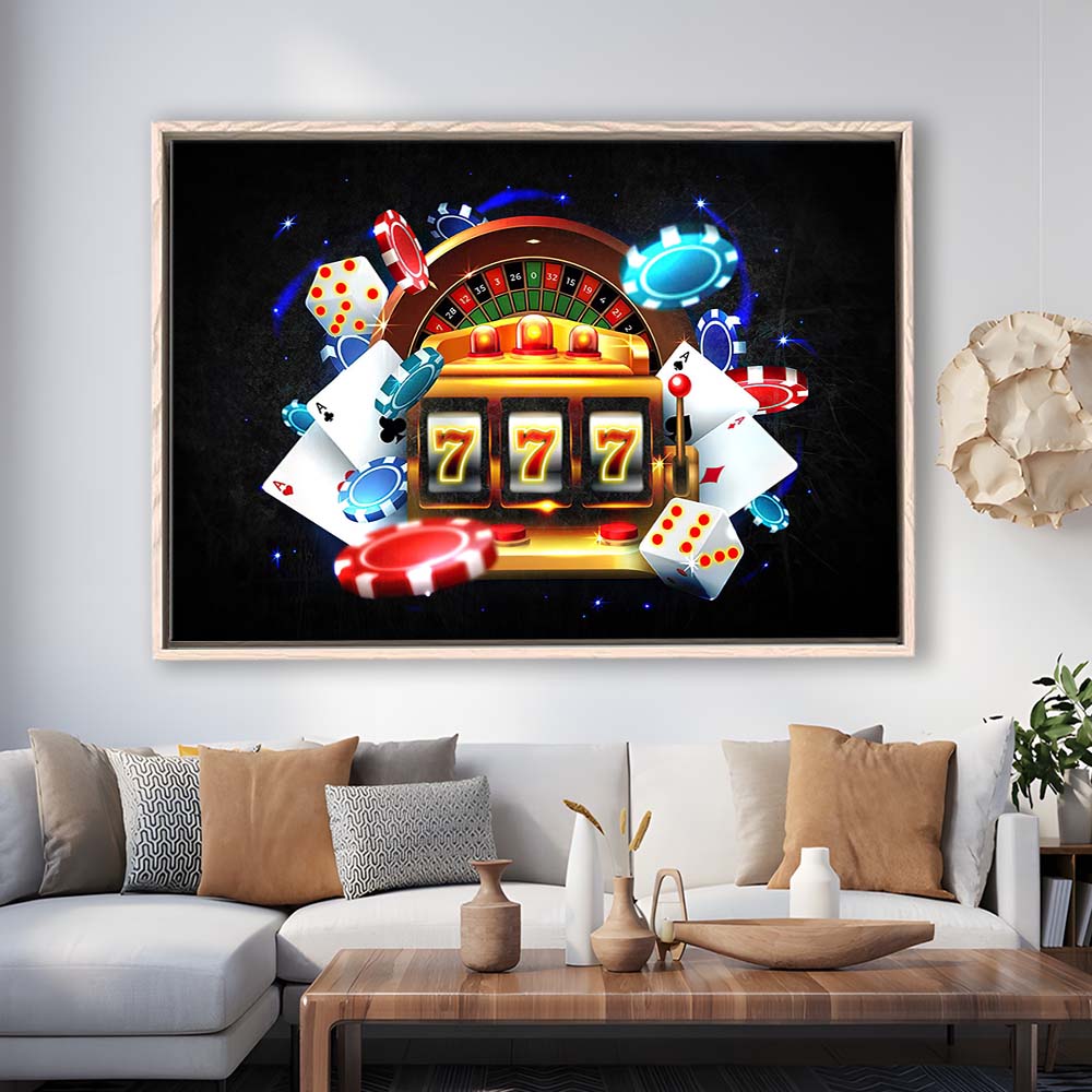777 Casino Art Print,Poker Art, Framed Canvas Print Wall Art Decor, Floating Frame, Neon Effect Art