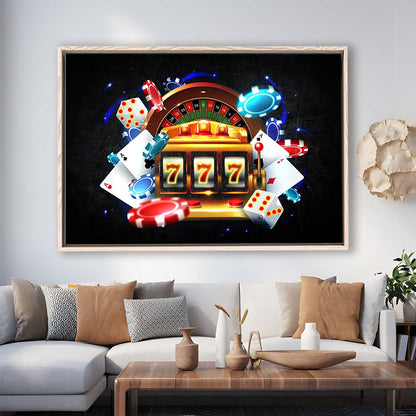 777 Casino Art Print,Poker Art, Framed Canvas Print Wall Art Decor, Floating Frame, Neon Effect Art