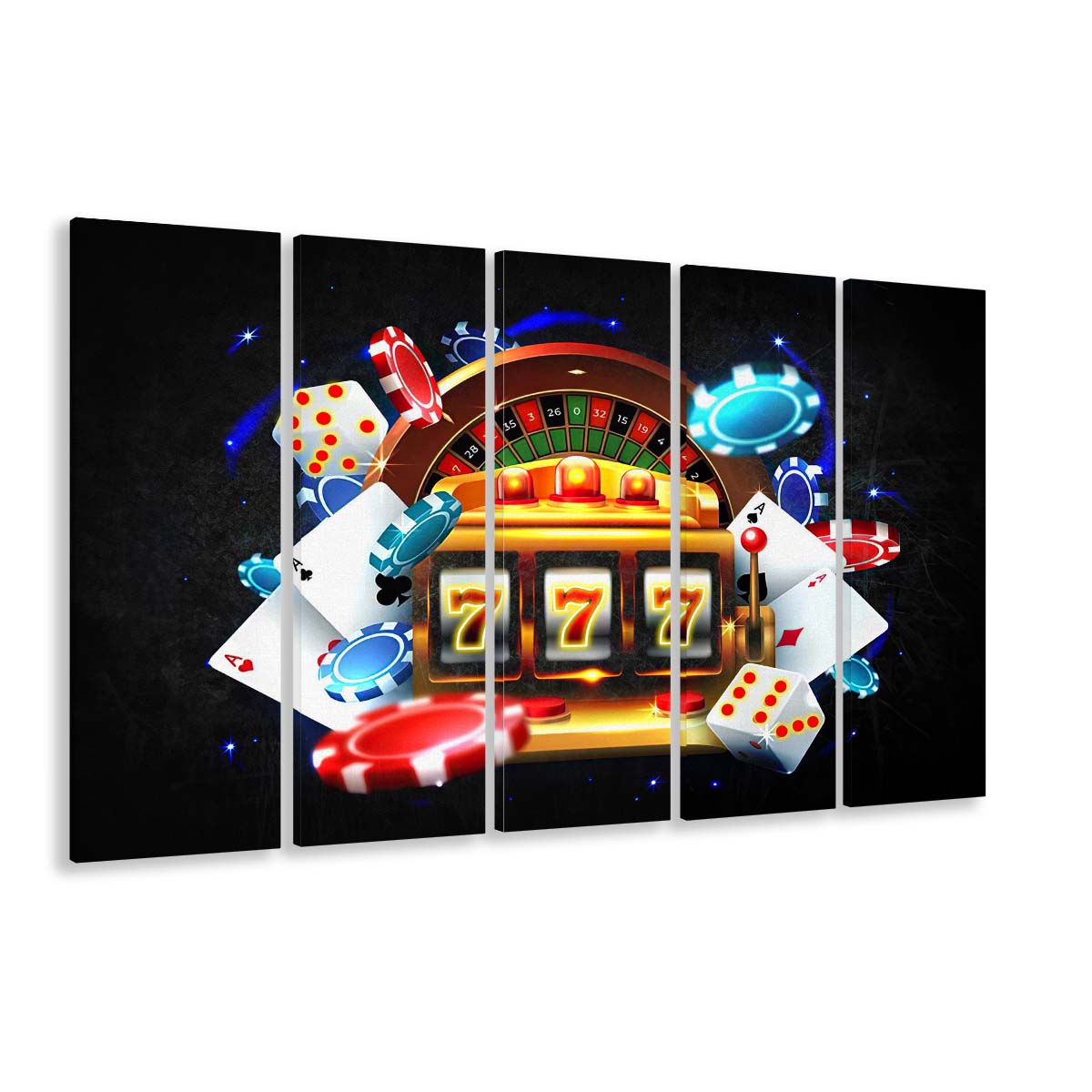 777 Casino Art Print,Poker Art, Extra Large 5 Panels Multi Canvas Print Wall Art, Home Decor