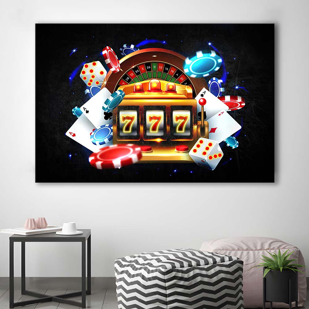 777 Casino Art Print,Poker Art, Canvas Print Wall Art, Wall Decor, Neon Effect Art