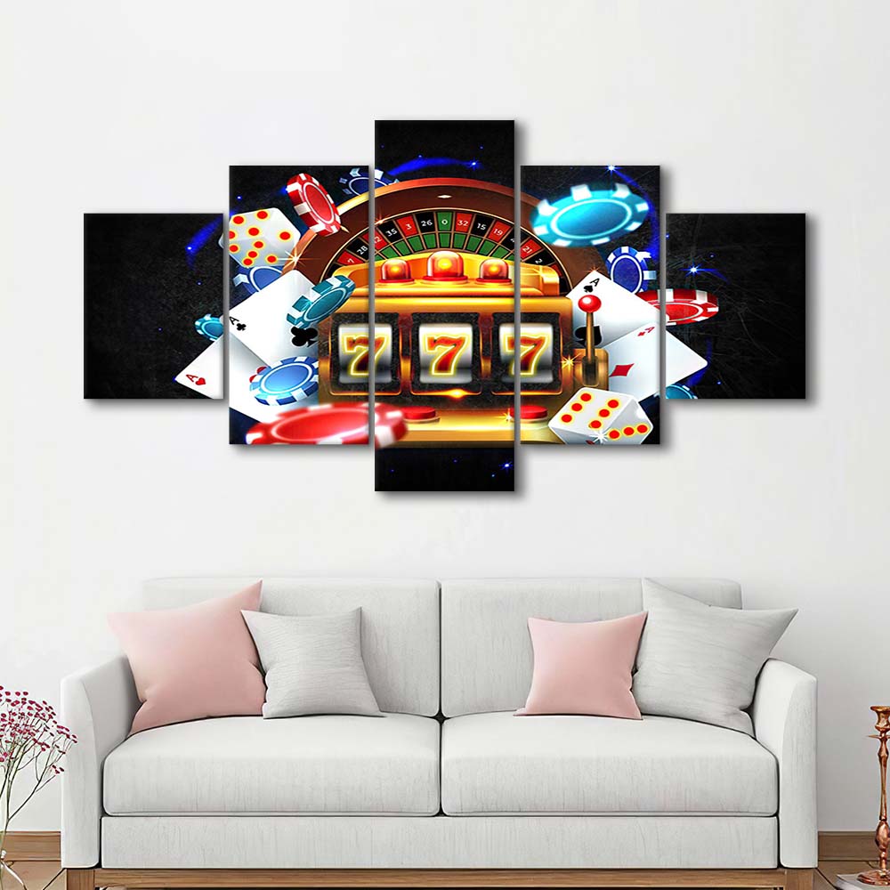 777 Casino Art Print,Poker Art, 5 Panel Mixed Canvas Print Wall Art, Home Decor, Neon Canvas