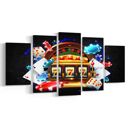 777 Casino Art Print,Poker Art, 5 Panel Mixed Canvas Print Wall Art, Home Decor, Neon Canvas