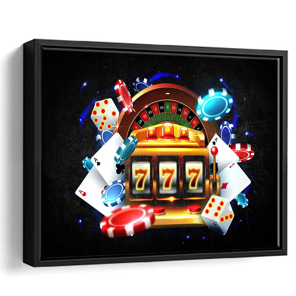 777 Casino Art Print,Poker Art, Framed Canvas Print Wall Art Decor, Floating Frame, Neon Effect Art