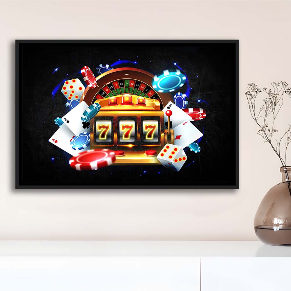 777 Casino Art Print,Poker Art, Framed Canvas Print Wall Art Decor, Floating Frame, Neon Effect Art