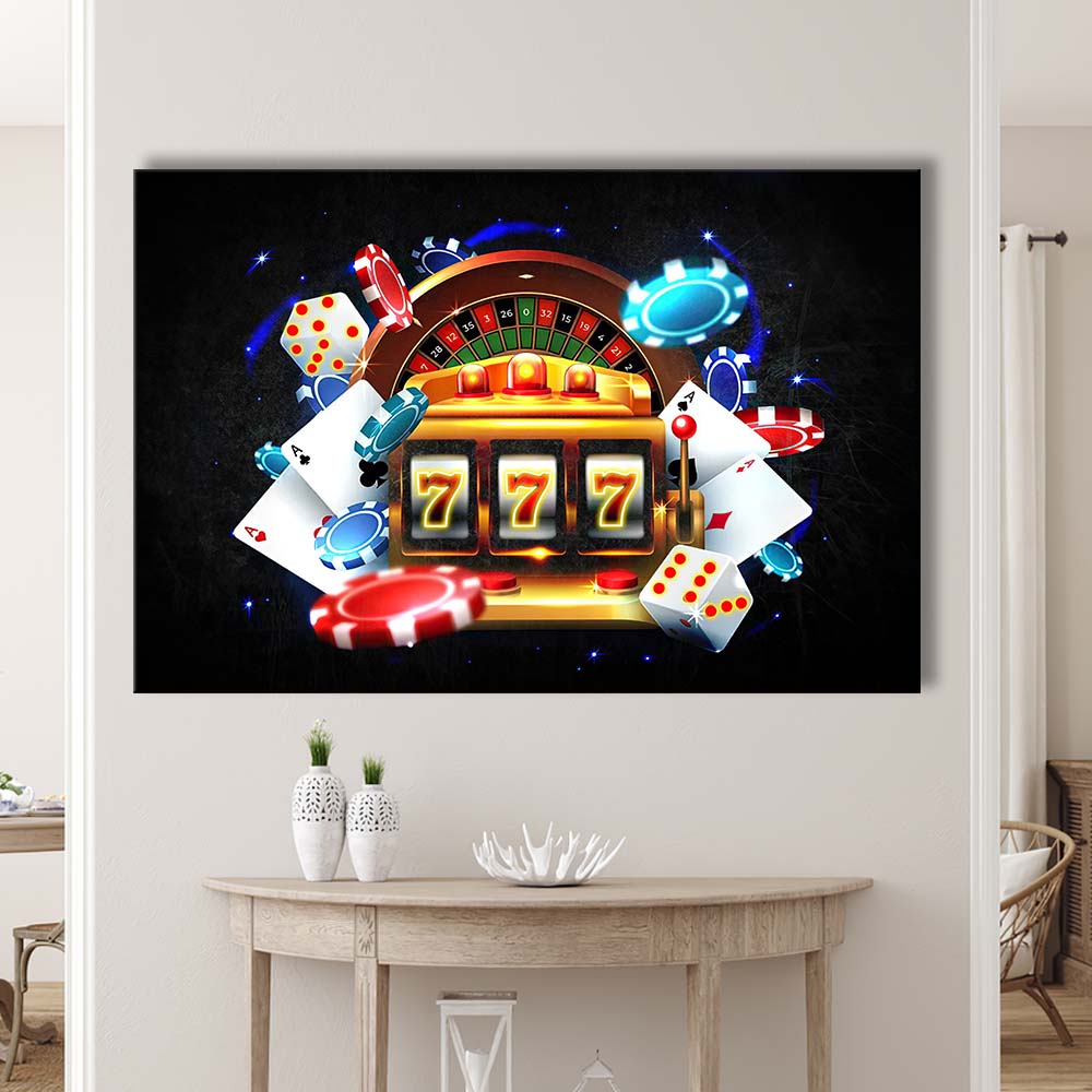 777 Casino Art Print,Poker Art, Canvas Print Wall Art, Wall Decor, Neon Effect Art