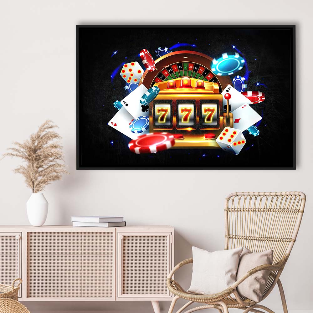 777 Casino Art Print,Poker Art, Framed Canvas Print Wall Art Decor, Floating Frame, Neon Effect Art