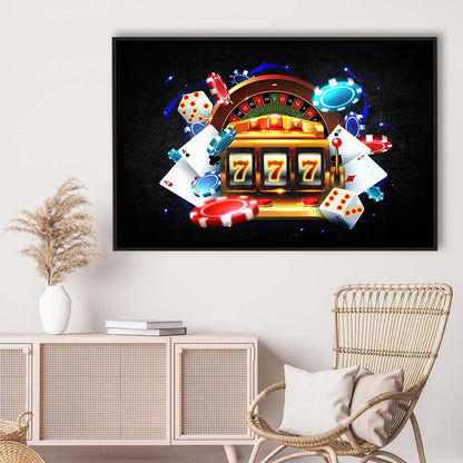 777 Casino Art Print,Poker Art, Framed Canvas Print Wall Art Decor, Floating Frame, Neon Effect Art