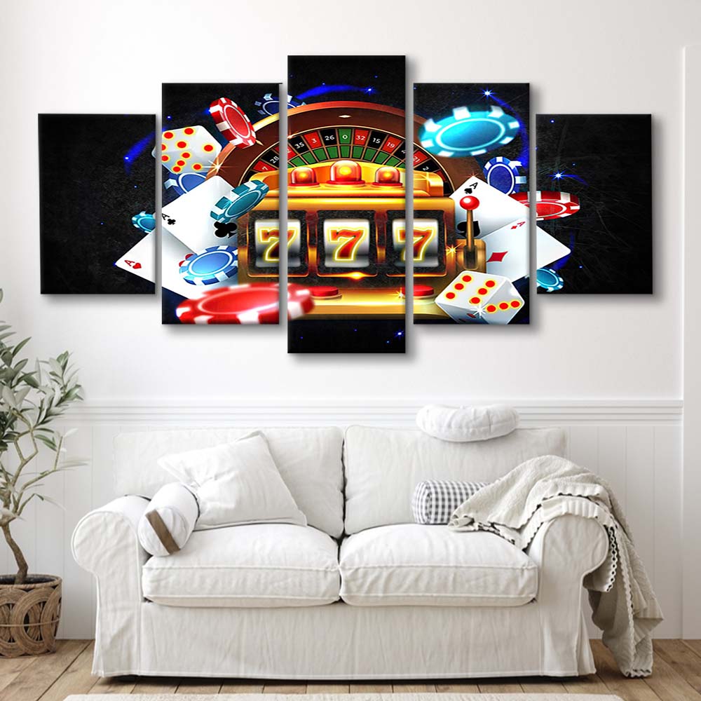 777 Casino Art Print,Poker Art, 5 Panel Mixed Canvas Print Wall Art, Home Decor, Neon Canvas