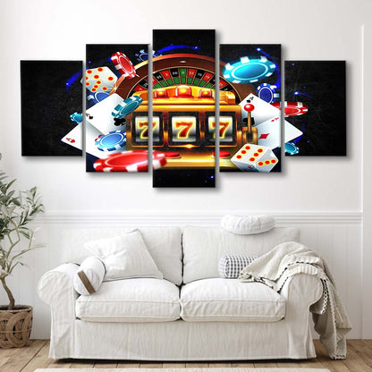 777 Casino Art Print,Poker Art, 5 Panel Mixed Canvas Print Wall Art, Home Decor, Neon Canvas