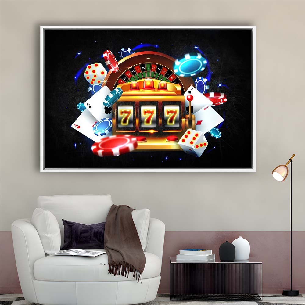 777 Casino Art Print,Poker Art, Framed Canvas Print Wall Art Decor, Floating Frame, Neon Effect Art