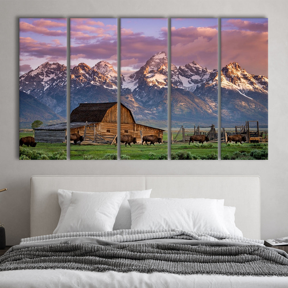 A Herd of Buffalo Walk In Front of Mormon Barn Jackson Wyoming, 5 Piece B Extra Large Cavas Print Wall Art Decor