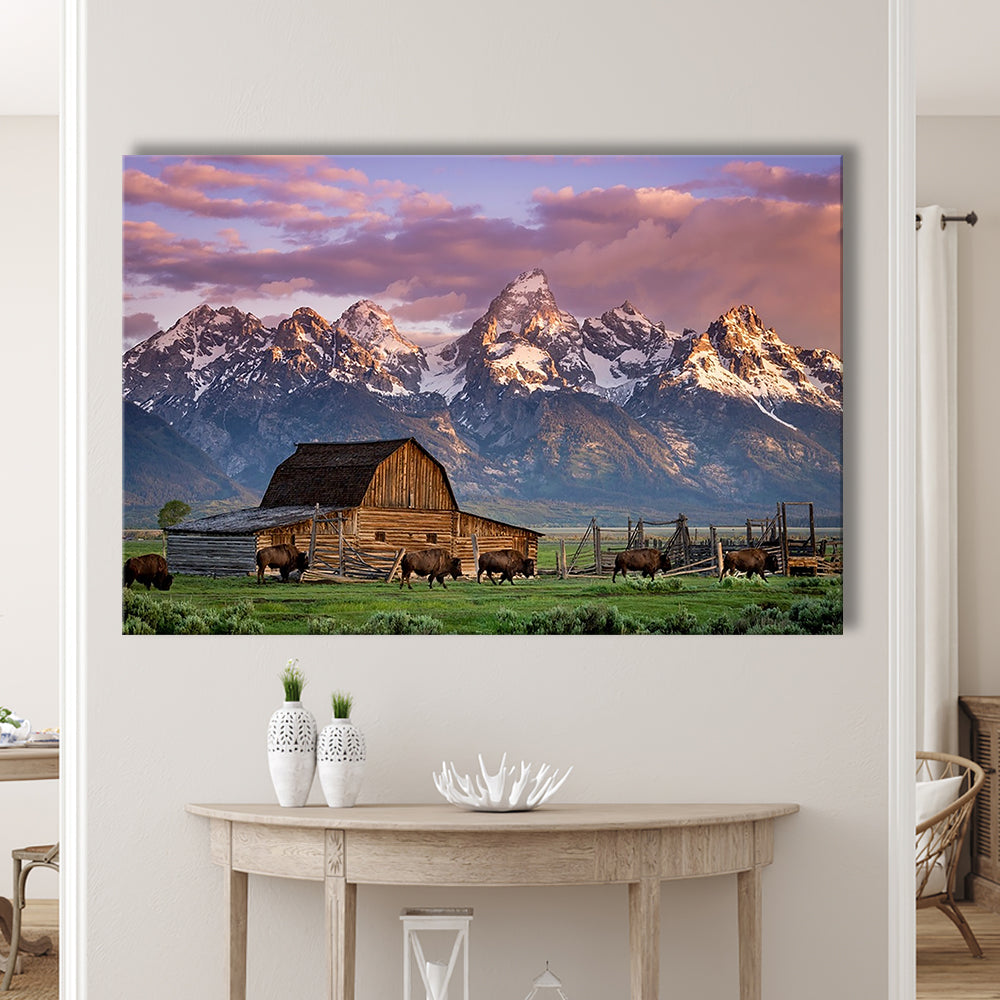 A Herd of Buffalo Walk In Front of Mormon Barn Jackson Wyoming, Cavas Print Wall Art Hom Decor