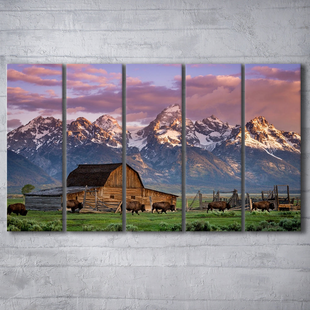 A Herd of Buffalo Walk In Front of Mormon Barn Jackson Wyoming, 5 Piece B Extra Large Cavas Print Wall Art Decor
