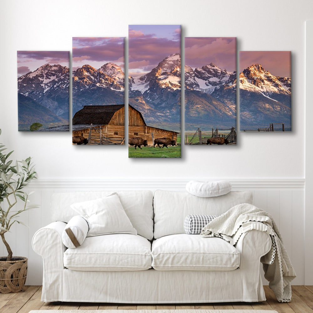 A Herd of Buffalo Walk In Front of Mormon Barn Jackson Wyoming, 5 Piece Large Cavas Print Wall Art