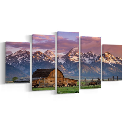 A Herd of Buffalo Walk In Front of Mormon Barn Jackson Wyoming, 5 Piece Large Cavas Print Wall Art