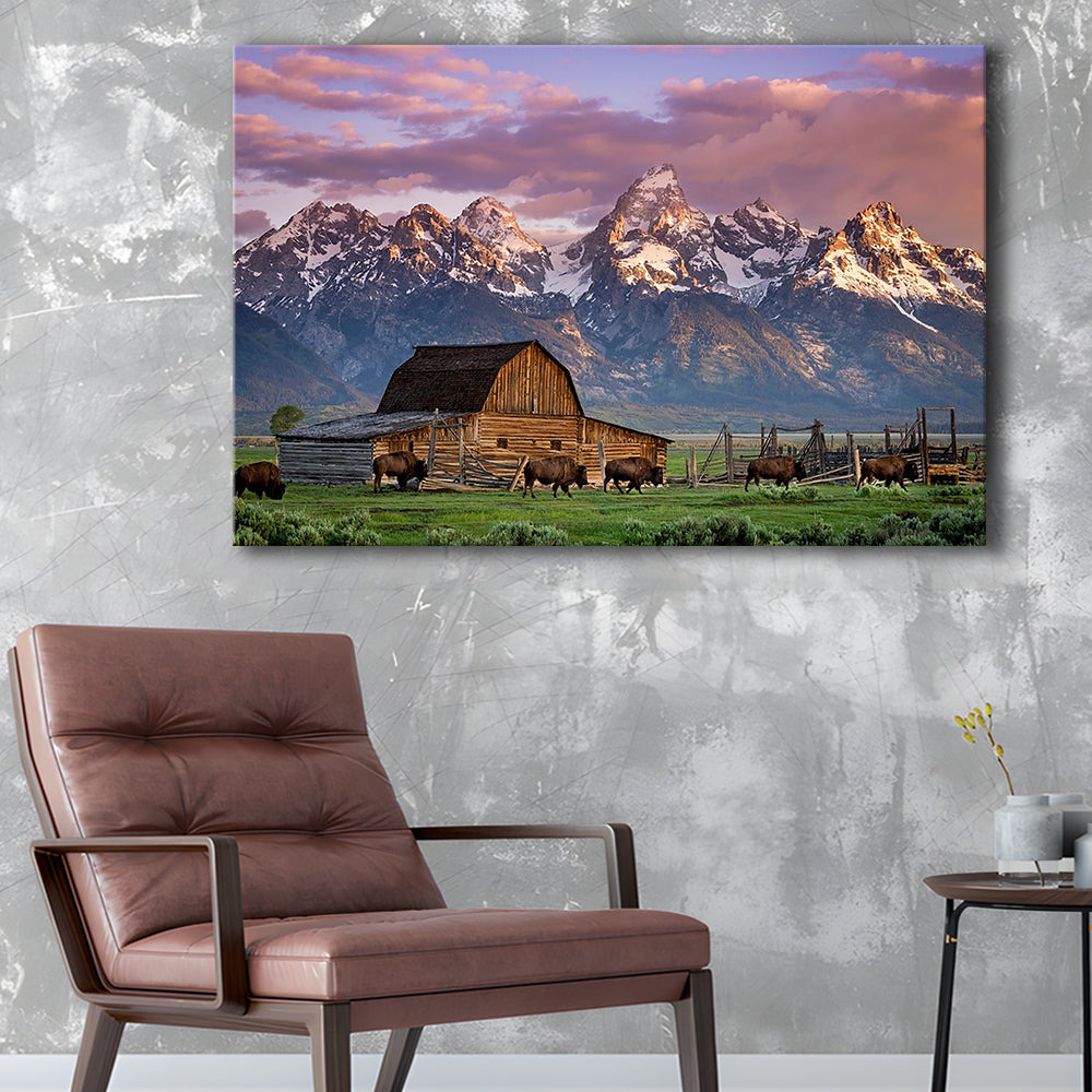 A Herd of Buffalo Walk In Front of Mormon Barn Jackson Wyoming, Cavas Print Wall Art Hom Decor