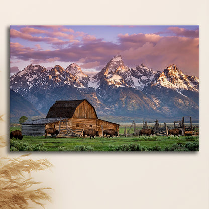 A Herd of Buffalo Walk In Front of Mormon Barn Jackson Wyoming, Cavas Print Wall Art Hom Decor