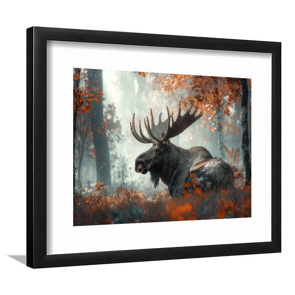 A Large Moose in Autumn Forest, Framed  Print, Painting Art, Framed Art Print White Border Wall Decor