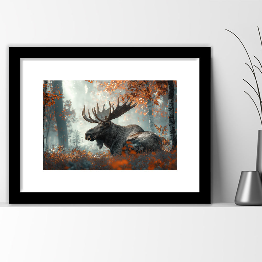 A Large Moose in Autumn Forest, Framed  Print, Painting Art, Framed Art Print White Border Wall Decor