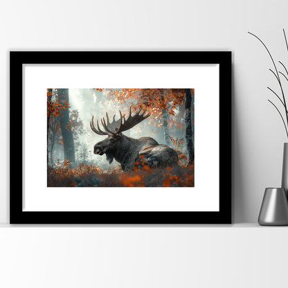 A Large Moose in Autumn Forest, Framed  Print, Painting Art, Framed Art Print White Border Wall Decor
