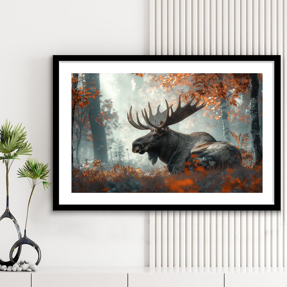 A Large Moose in Autumn Forest, Framed  Print, Painting Art, Framed Art Print White Border Wall Decor