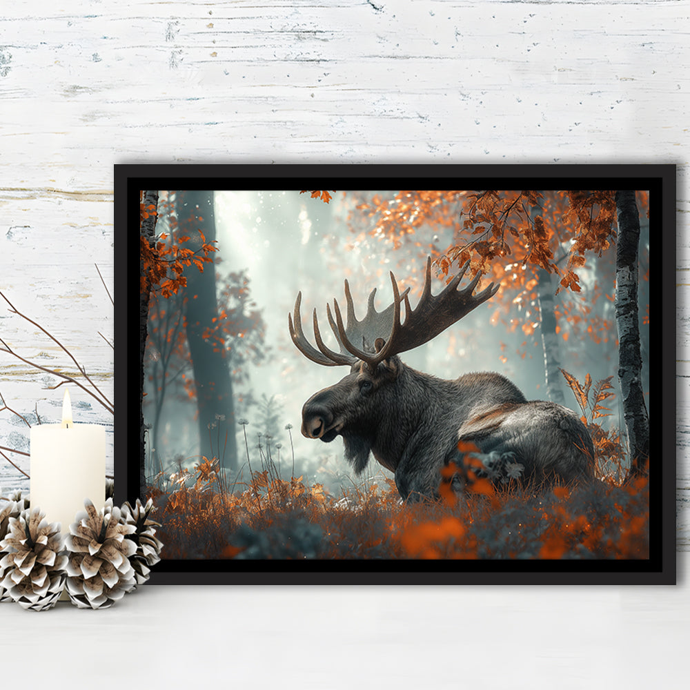 A Large Moose in Autumn Forest, Framed Canvas Print, Painting Art, Floating Framed Canvas Print Wall Art