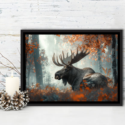 A Large Moose in Autumn Forest, Framed Canvas Print, Painting Art, Floating Framed Canvas Print Wall Art