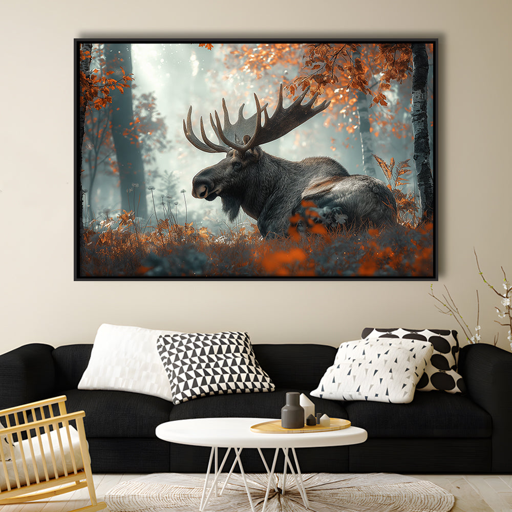 A Large Moose in Autumn Forest, Framed Canvas Print, Painting Art, Floating Framed Canvas Print Wall Art