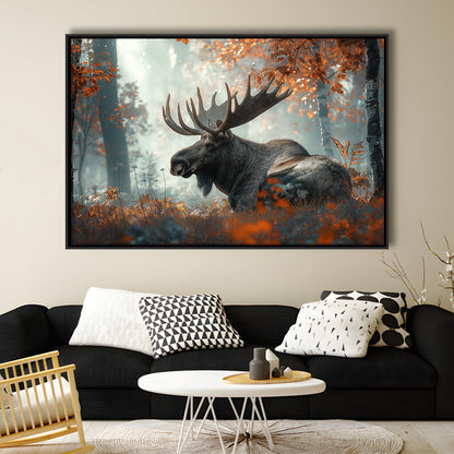 A Large Moose in Autumn Forest, Framed Canvas Print, Painting Art, Floating Framed Canvas Print Wall Art