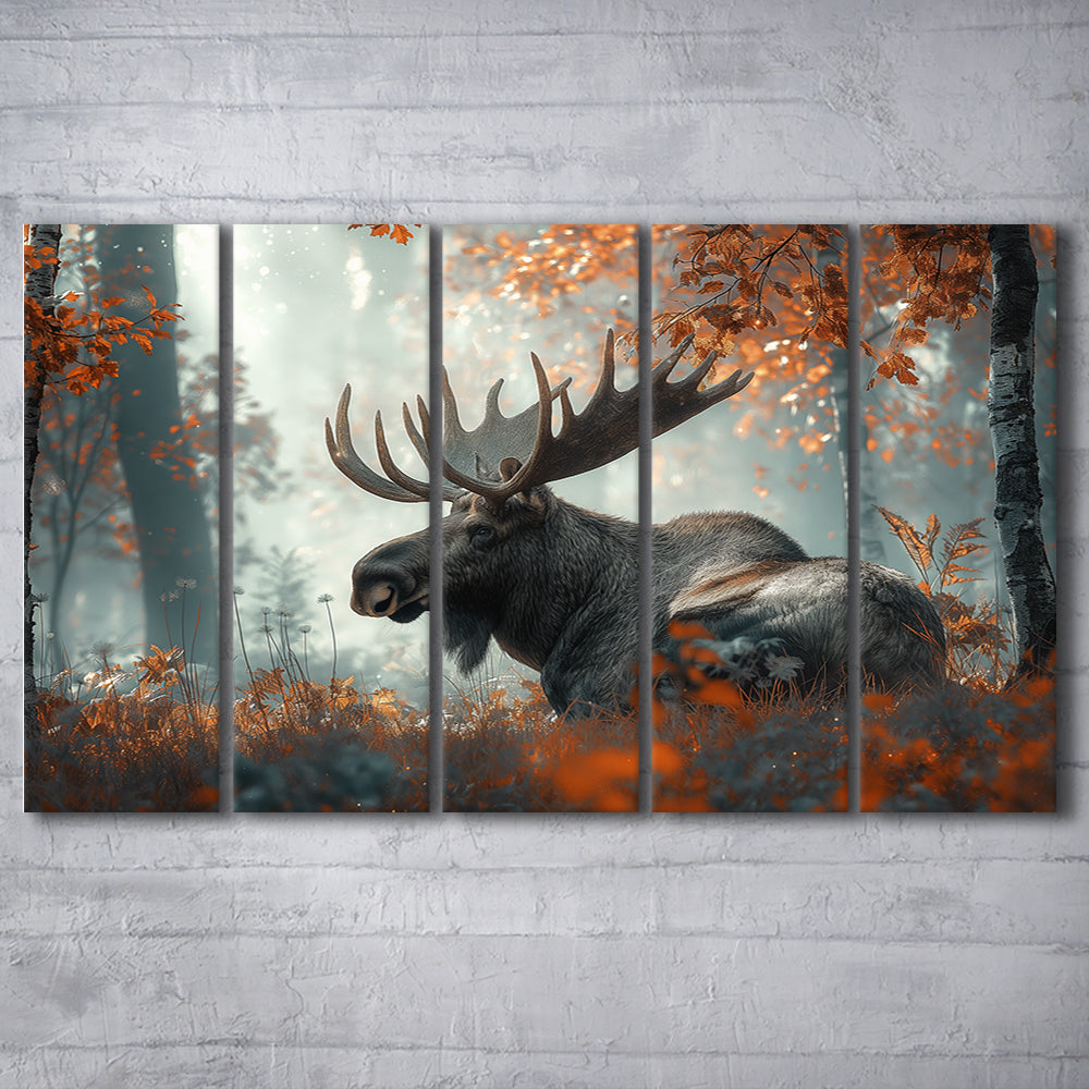 A Large Moose in Autumn Forest, Canvas Art Print, Painting Art, Multi Panels Canvas Print Wall Art